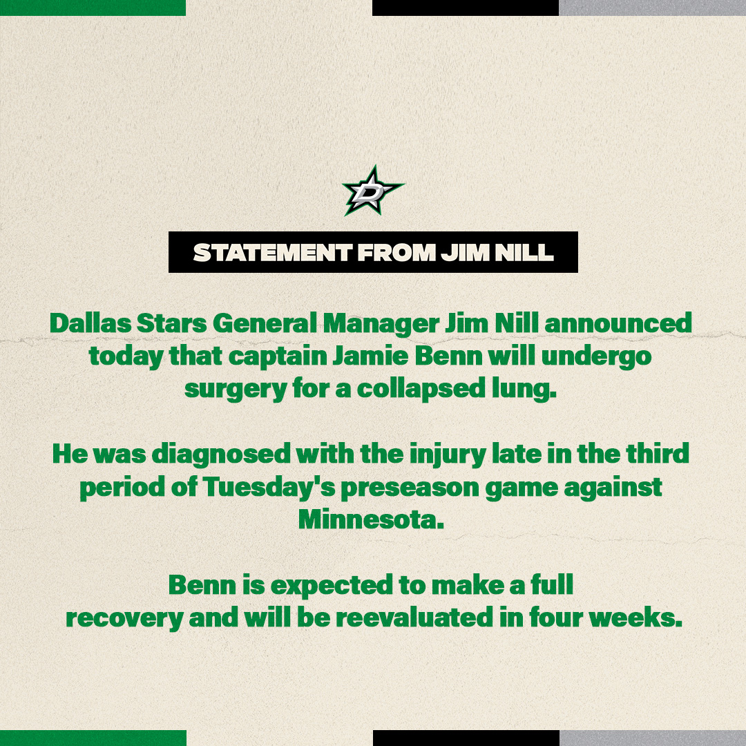 BREAKING: Jamie Benn out with collapsed lung